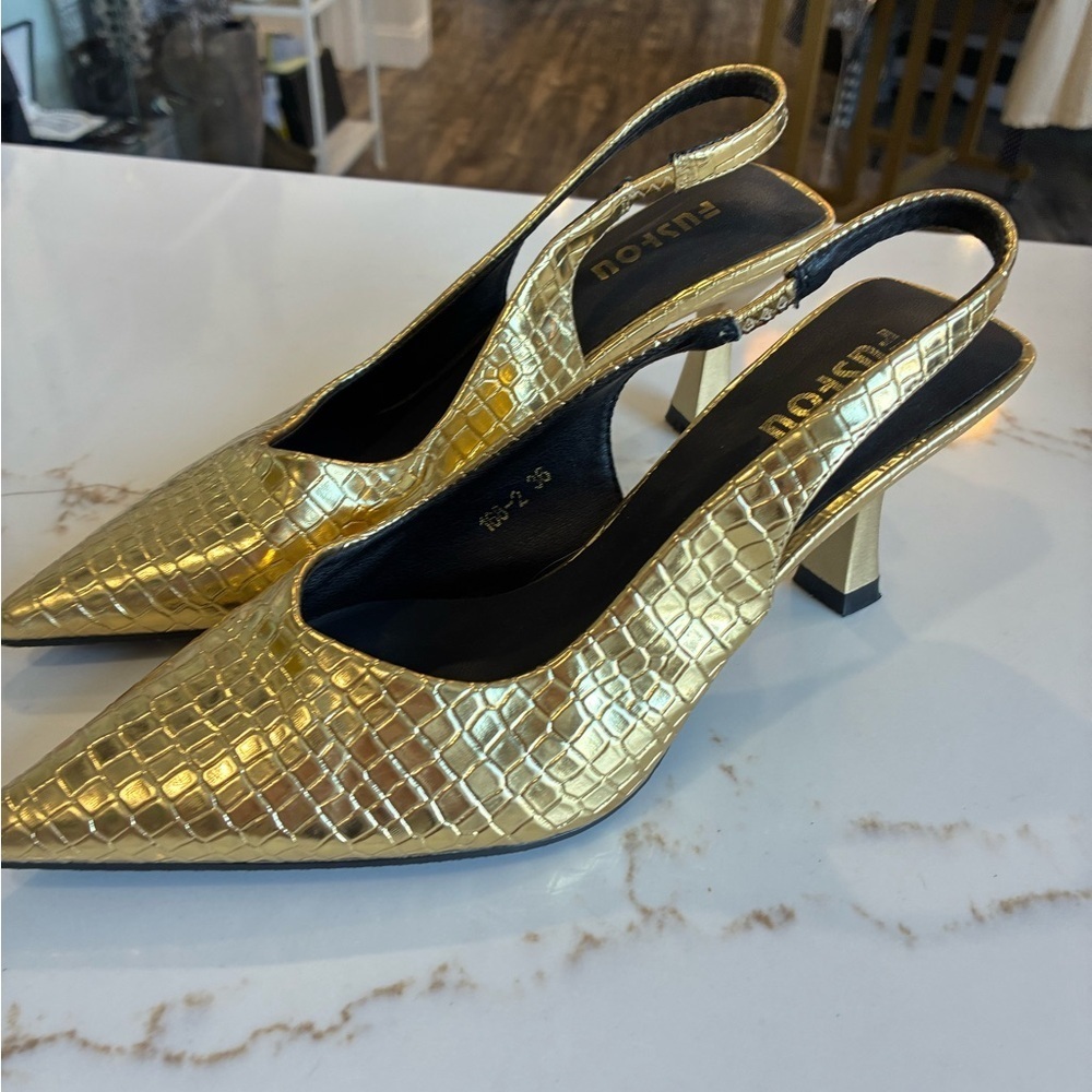 Gold crocodile slingback heels size 36